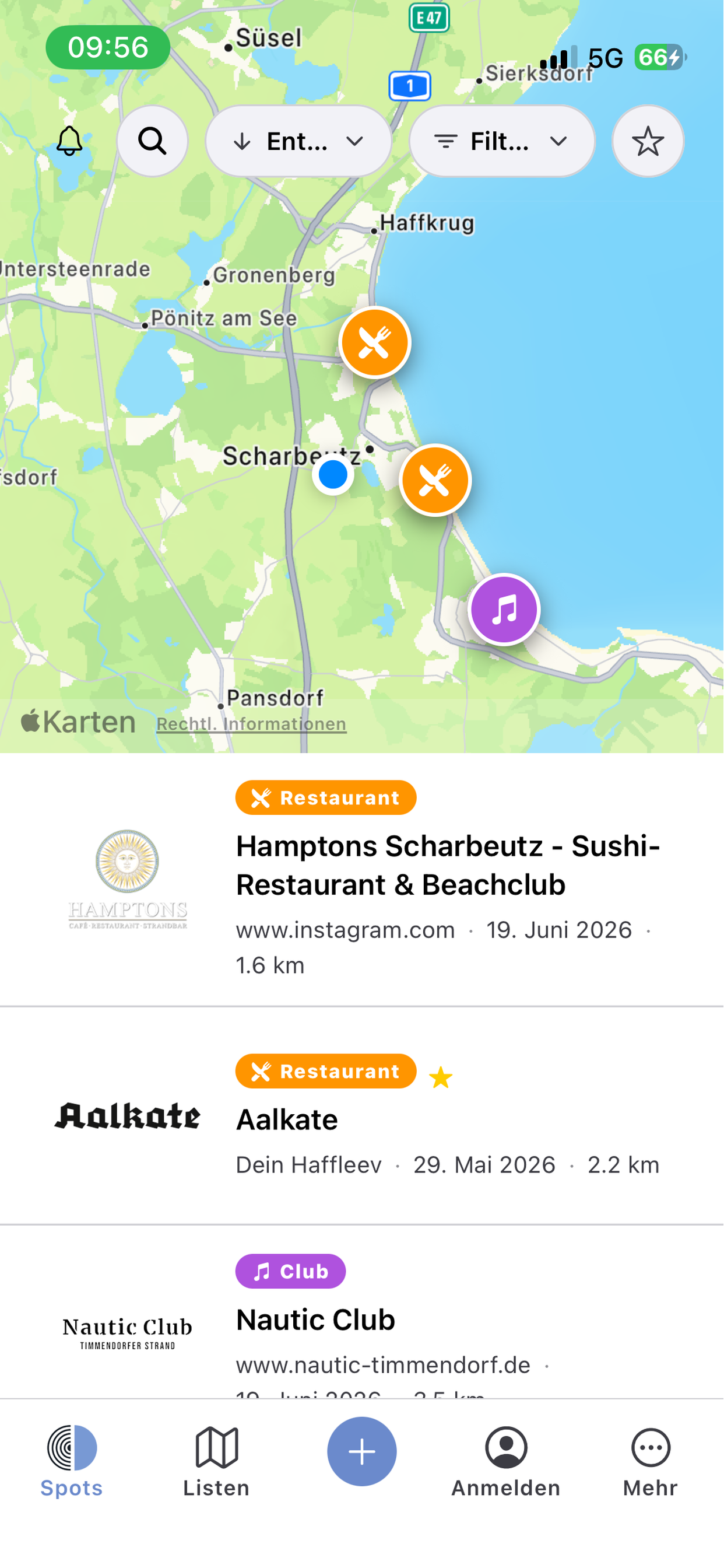 Karte und Liste mit deinen Spots